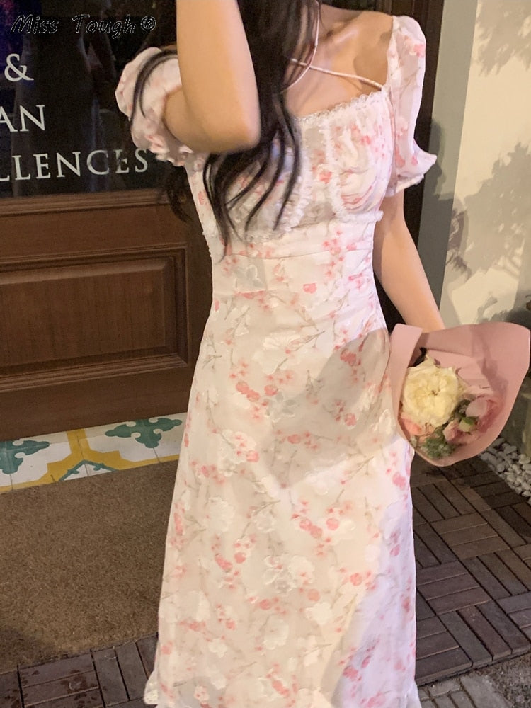 Summer Floral Baech Korea Sweet Dress Women Print Lace Casual France Vintage Fairy Dress Pink Sexy Elegant Party Mini Dress 2022