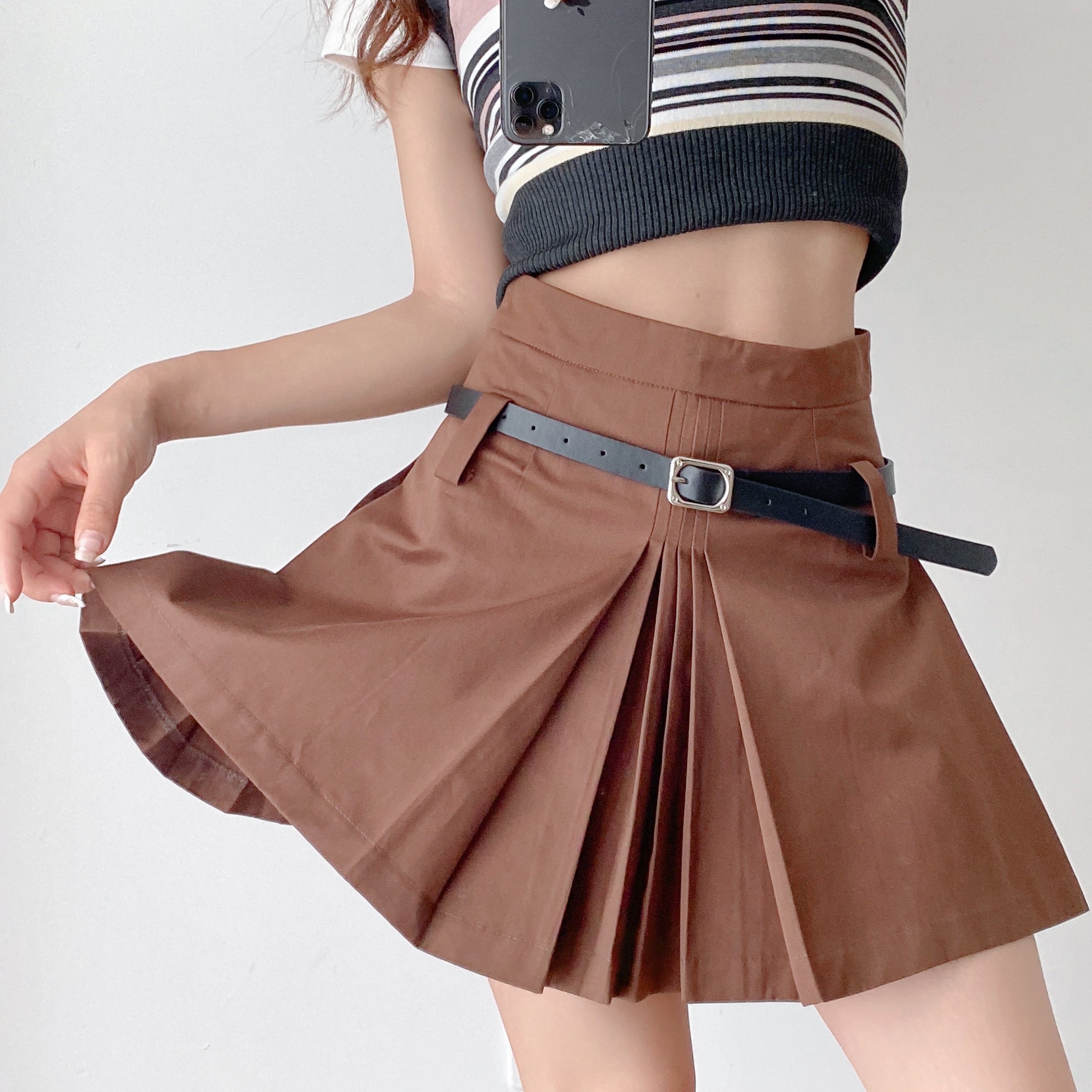 Lizakosht Vintage Summer Front Side Ruched Dropped Pleated Mini Skirt Preppy Style High Waist A-Lined Short Skirts Back Zipper