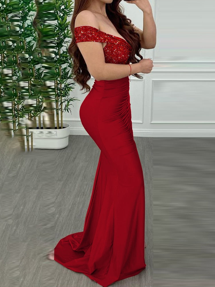 Lizakosht Women Elegant Sexy Cocktail Vestir Vestido Evening Gown Twist Front Off Shoulder Sequin Party Mermaid Dress