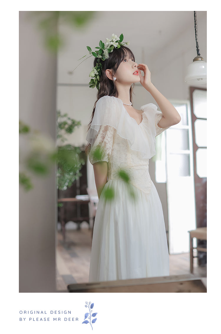 Summer Romantic Fairy Dress Woman Chic Vintage Lace Puff Sleeve Ruffles V-Neck Soft Princess Dresses Party Night Vestido Festa