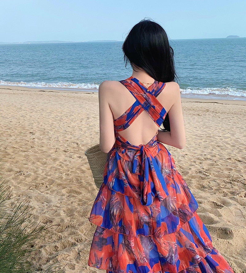 Lizakosht  Summer Backless Beach Long Maxi Dress Vintage Cascading Ruffles Deep V Neck Sexy Floral Print Party Dress Sleeveless Design F242