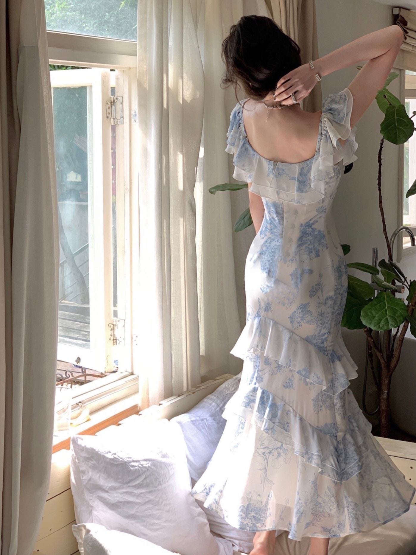Lizakosht Summer New Women Elegent Slim Party Prom Print Ruffles Dress
