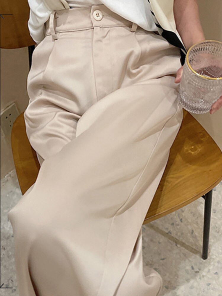 Lizakosht  Summer Autumn Women's Pants Loose Classic Black Straight High Waist Casual Korean Silk Satin Wide Leg Trousers for Women Pants