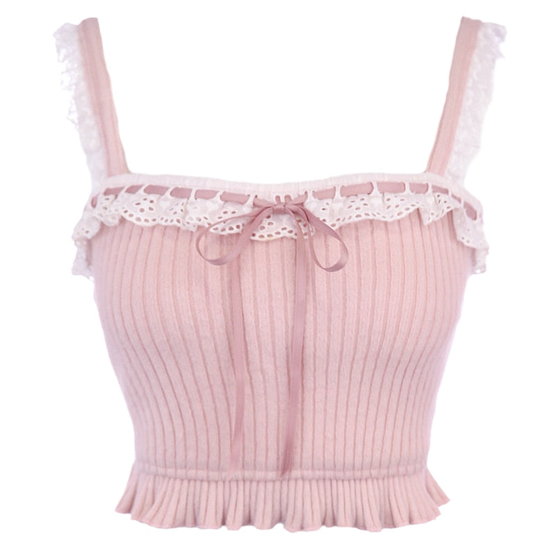 Lizakosht Pink Lolita Crop Tops Bow Slim Tanks Vest Korean Girls Kawaii Sleeveless Shirts Women Sweet Lace Ruffles Knitted Camis Summer