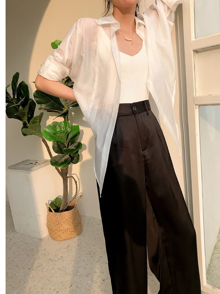 Lizakosht  Summer Autumn Women's Pants Loose Classic Black Straight High Waist Casual Korean Silk Satin Wide Leg Trousers for Women Pants