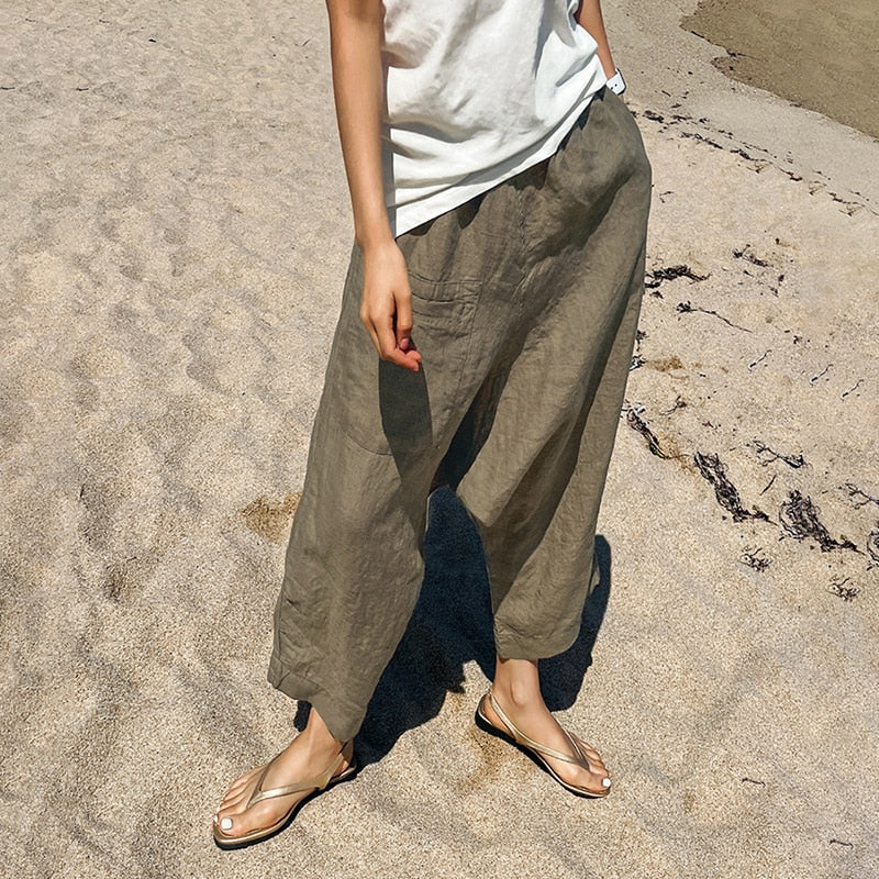 Lizakosht Casual Cotton Linen Women'S Pants Solid High Waist Wide Leg Streetwear Trousers Pantalon Femme Women'S Clothing Free Shipping