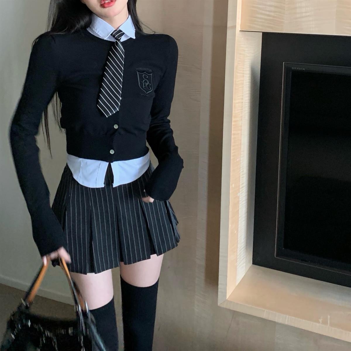Vintage Preppy Style Striped Pleated Skirt Women Sexy Cute Korean Fashion High Waist Y2K 90s A-line Black Mini Skirts