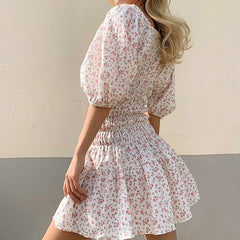 Lizakosht New Summer Fashion Ladies Square Collar Lace Temperament Commuter Puff Sleeve French Retro Lace Short Skirt Printed Dress