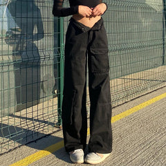 Lizakosht Fashion Low Rise Black Jeans Baggy Pocket Patchwork Straight Cargo Pants Harajuku Streetwear Denim Trousers Women Fashion Capris