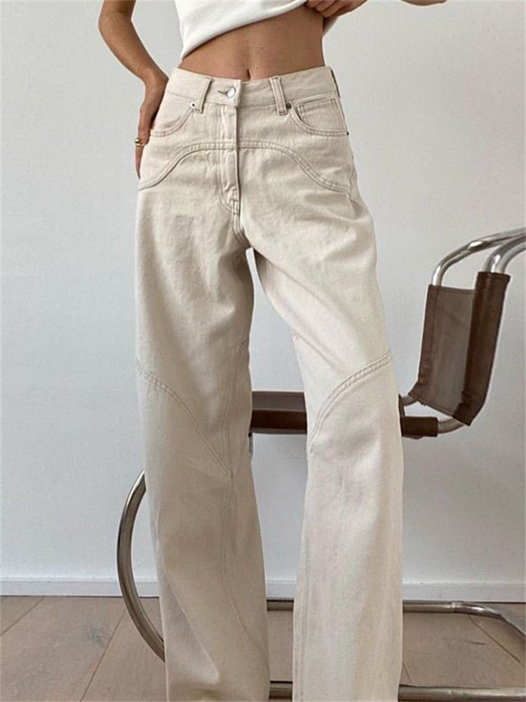Lizakosht New Casual Rice White Straight Jeans Harajuku Solid Color Fashion Joker Vibe Wind Pants Summer Women's Vintage Y2k Clothing