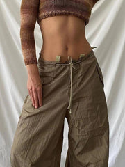 Lizakosht Fashion Khaki Low Rise Cargo Pants Vintage Baggy Wide Leg Trousers Women Streetwear Straight Pants Y2k Harajuku 90s Loose Capris