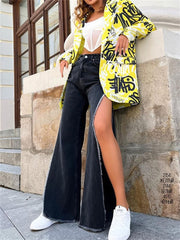 Lizakosht High Waisted Side Split Out Jeans Women Casual Loose Cargo Black Pants Streetwear Summer Wide Leg Long Baggy Y2k Jeans