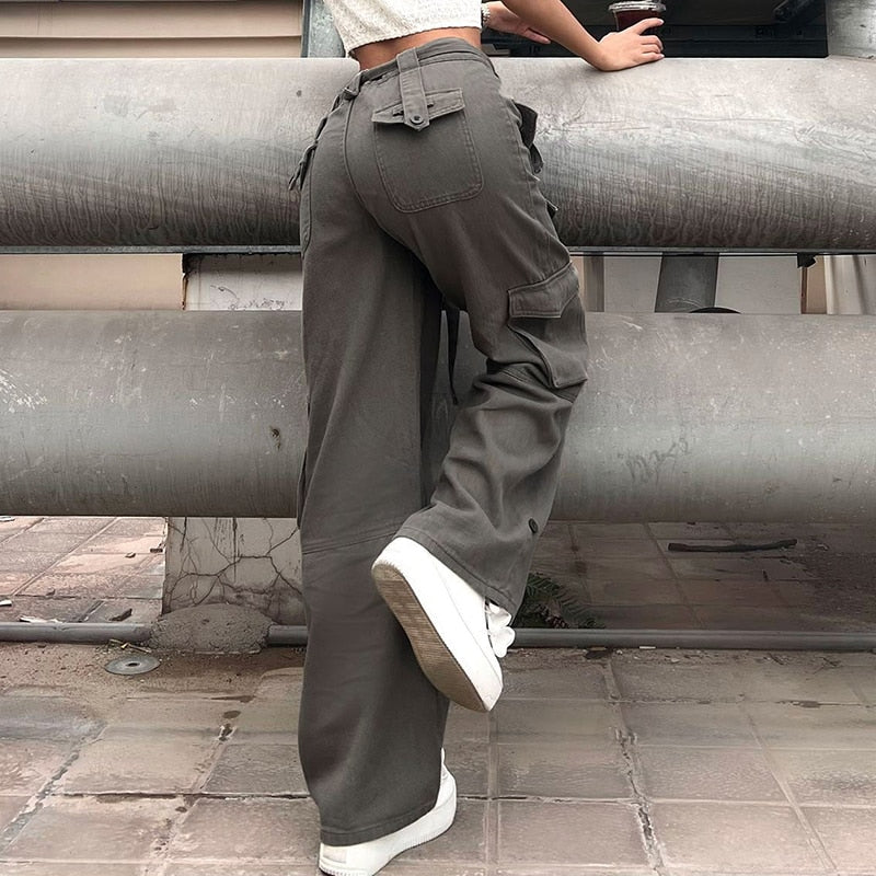 Lizakosht Harajuku Pockets Cargo Jeans Sashes Korean Fashion Loose Straight Denim Trousers Y2K High Waist Pants Vintage Streetwear