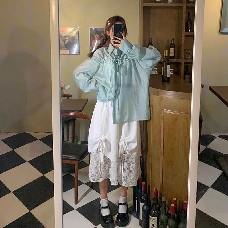 HOUZHOU Long Skirts Lace Patchwork Women Harajuku Irregular High Waist Bow Bandage A-line Midi Skirt Kawaii Japanese Streetwear