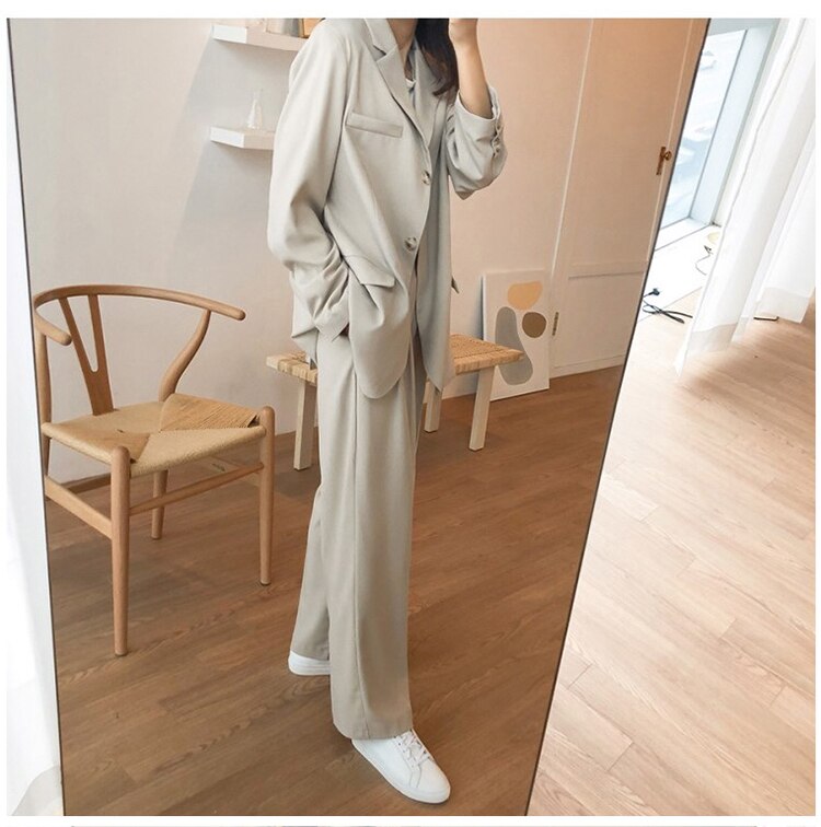 Lizakosht Office Lady Blazer Suits Korean Style Two Piece Set Women Suit Jacket + Wide Leg Pants OL Ensemble Femme 2 Piece Outfits Elegant