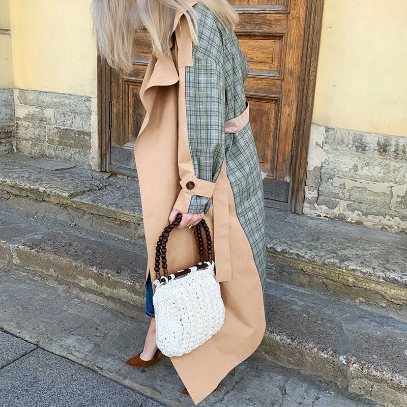 Lizakosht Causal Light Tan Fashion Autumn Winter Trench  Windbreaker Split Joint Elegant Long Sleeve Coat Plaid Long Women Coat with Belt