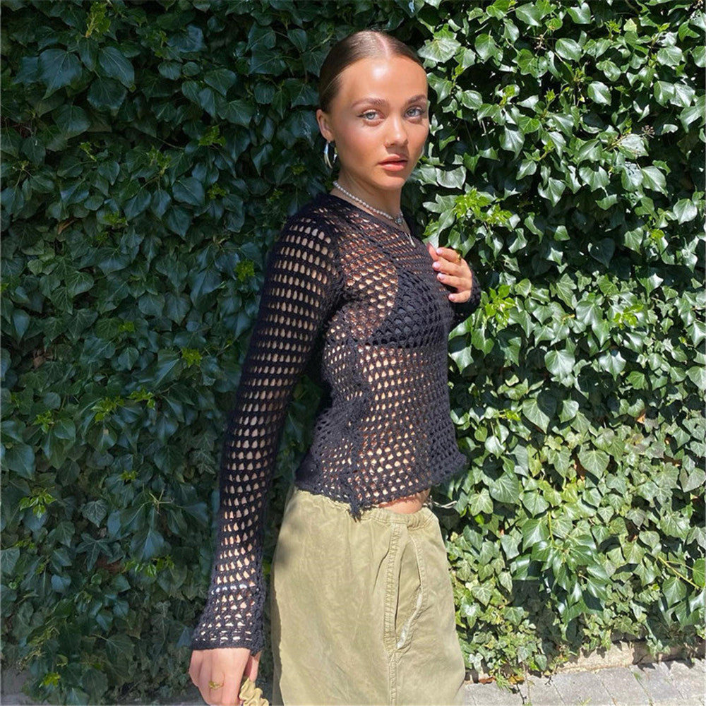 Lizakosht  Hollow Out Women Knitted T Shirts Y2K Crop Top Summer Beach Cover Up Fashion Casual Crppped Tops Tees Woman Clothes 2022