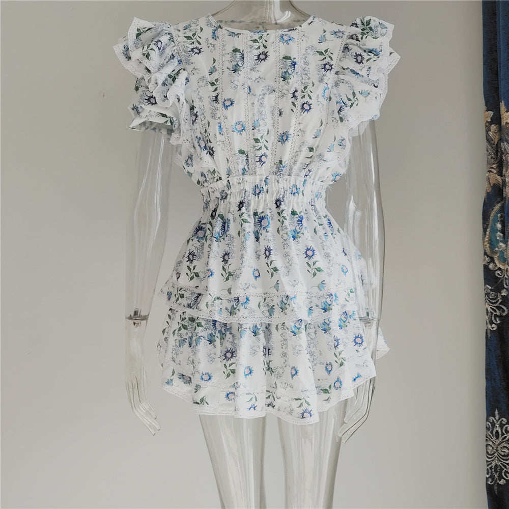 New Arrival Summer Short Sleeve Natasha Mini Dress Women Ruffled A-line Dress Blue Print