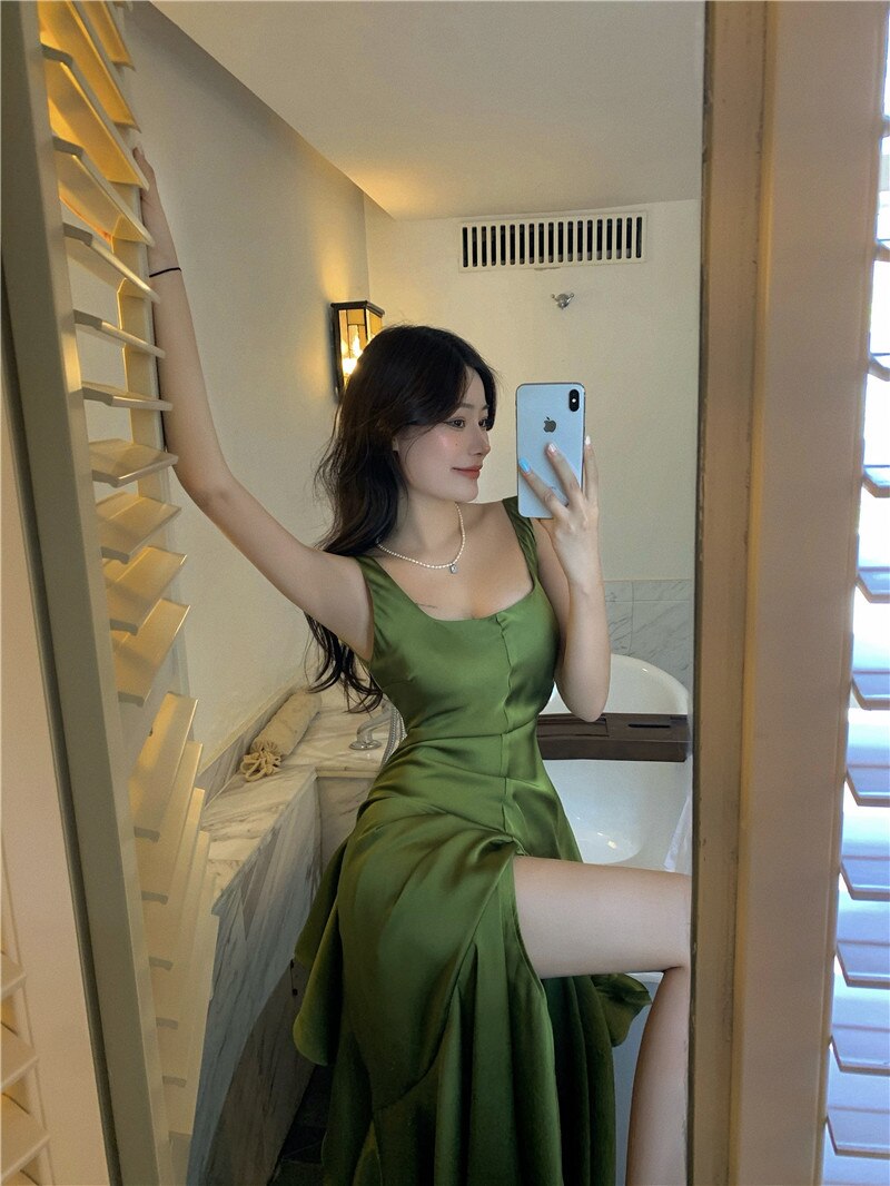 Lizakosht Imitation Acetate Satin Suspender Dress Long Dress Summer Mermaid Tail Large Hem Ruffled Holiday Dress