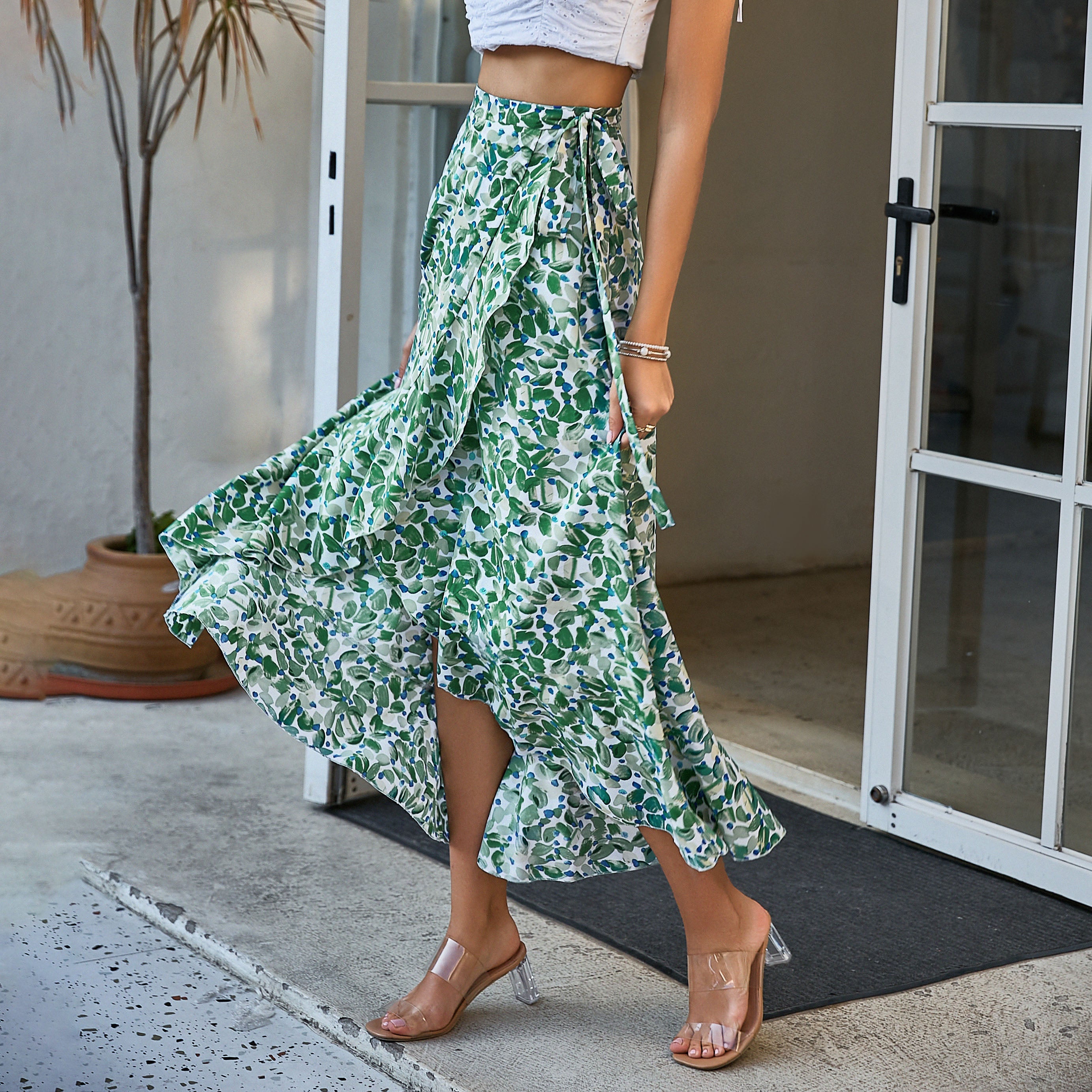 GypsyLady Floral Maxi Wrap Skirt Sashes Belted Green Summer Long Skirt Women Casual Boho Split Sexy Ladies Beach Woman Skirts