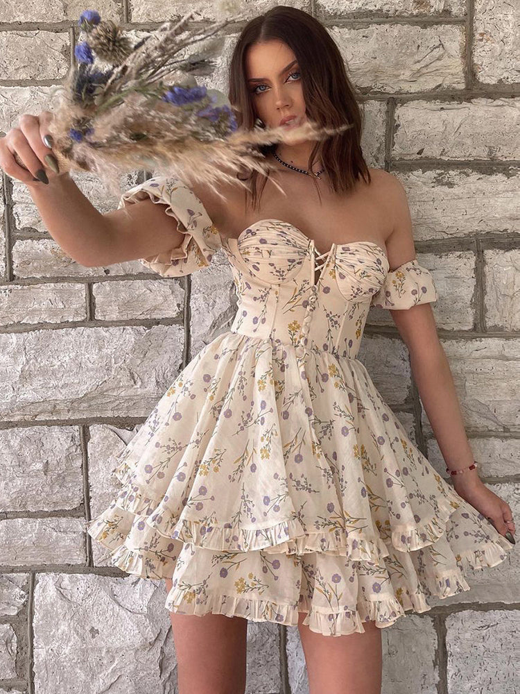 Lizakosht  Floral Y2K Mini Dresses for Women 2022 Corset Off Shoulder Ruffle Sexy Lace Up Puff Sleeve Summer Streetwear Party Dress Vestido