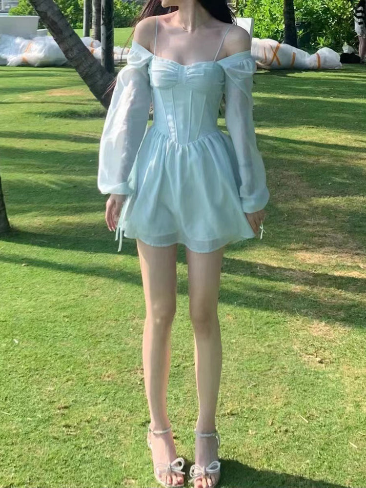 Lizakosht  Summer Pure Color Short Party Dress Woman Long Sleeve Sweet Y2k Mini Dress Casual Elegant One Piece Dress Korean Design
