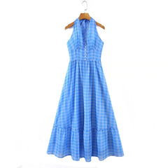 Lizakosht Romantic Women Blue Plaid Halter Long Dress Sexy Backless Sleeveless Ladies Holiday Summer Dresses Fairy Robe