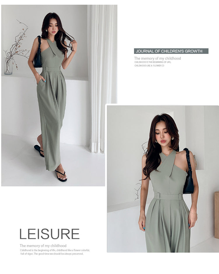 Spring Female Fashion Casual Streetwear Summer Women Jumpsuit Solid Sleeveless Loose V-neck Full Length Elegant Halter Jumpsuits