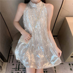 Korean Version of Nightclub Sequins Backless Hip Female 2022 Spring/Summer New Fashion Black Sexy Strap Dress Backless Sexy