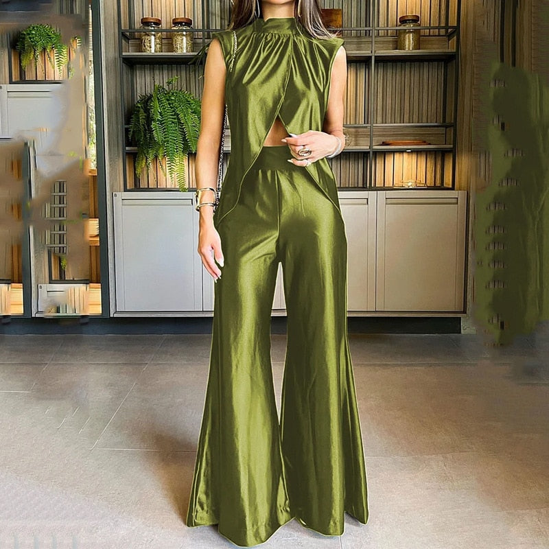 Lizakosht Summer Street Casual Trousers Outfits Fashion Women Two Piece Set Elegant Cross Slit Loose Tops Pullover + Long Flare Pants Suit