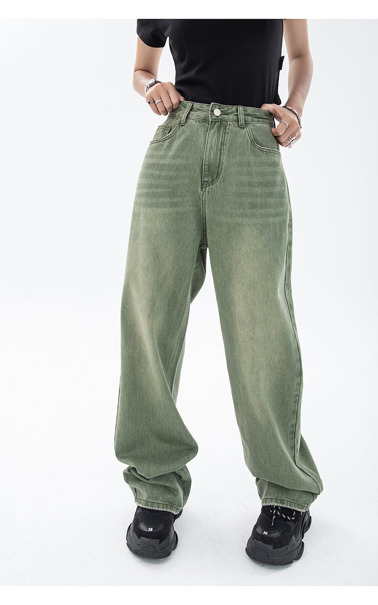 Vintage Green Women's Jeans Fashion Trousers Streetwear High Waist Wide Leg Summer Y2K Baggy Casual Straight Mom Denim Pants