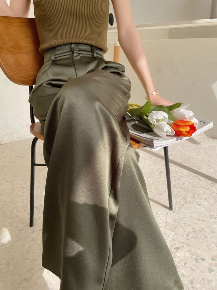 Lizakosht  Summer Autumn Women's Pants Loose Classic Black Straight High Waist Casual Korean Silk Satin Wide Leg Trousers for Women Pants