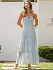 Lizakosht Summer New Sexy V Neck Hanging Neck Lacing Splice Sleeveless Dresses For Women Temperament Backless Maxi Dress A2684