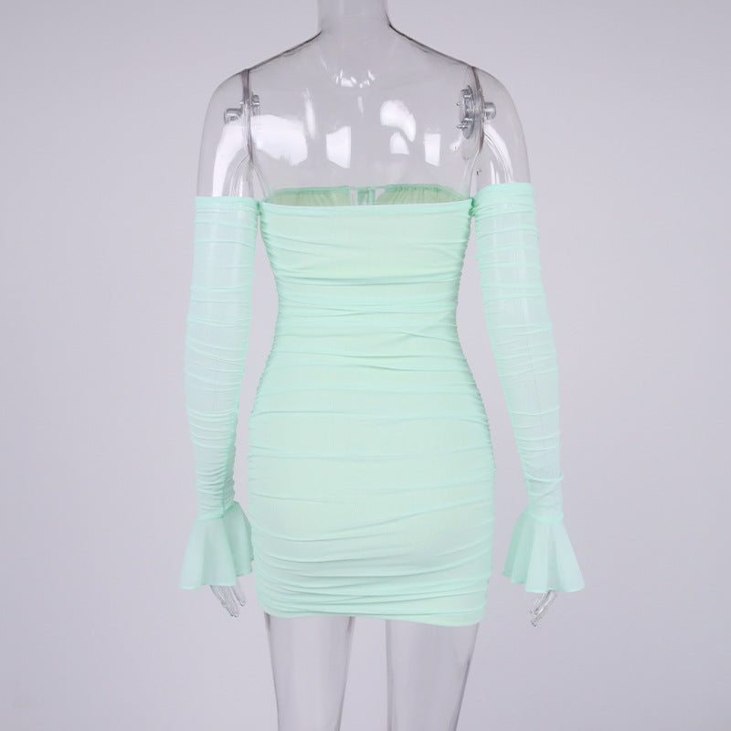 Lizakosht  Mesh Sexy Dress for Women 2022 Slash Collar Flared Sleeves Lace-up Mini Bodycon Dress Boat Neck Pleated Tight Dress
