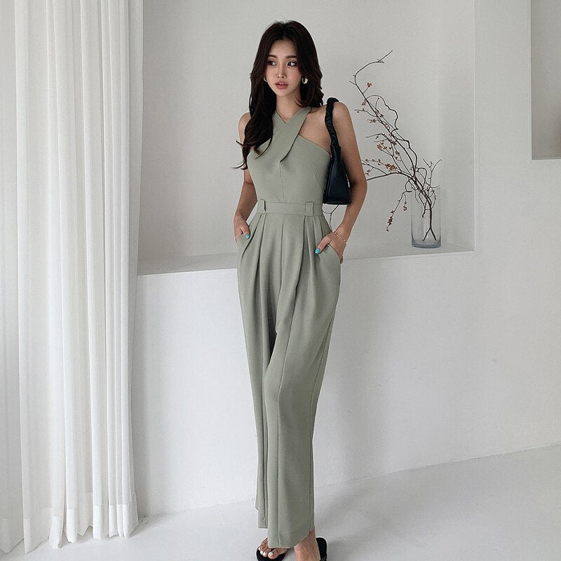 Spring Female Fashion Casual Streetwear Summer Women Jumpsuit Solid Sleeveless Loose V-neck Full Length Elegant Halter Jumpsuits