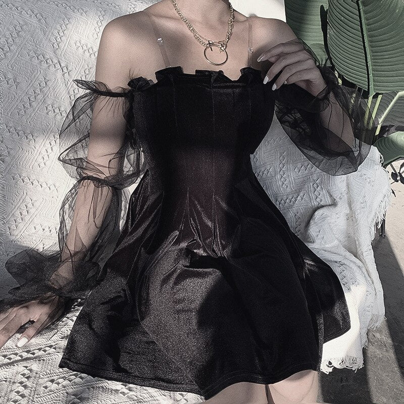 Velvet Vintage Dress Sexy Summer Gothic Party Dress Women Black Mini Dresses A Line Vestidos Patchwork Goth Club Highstreet
