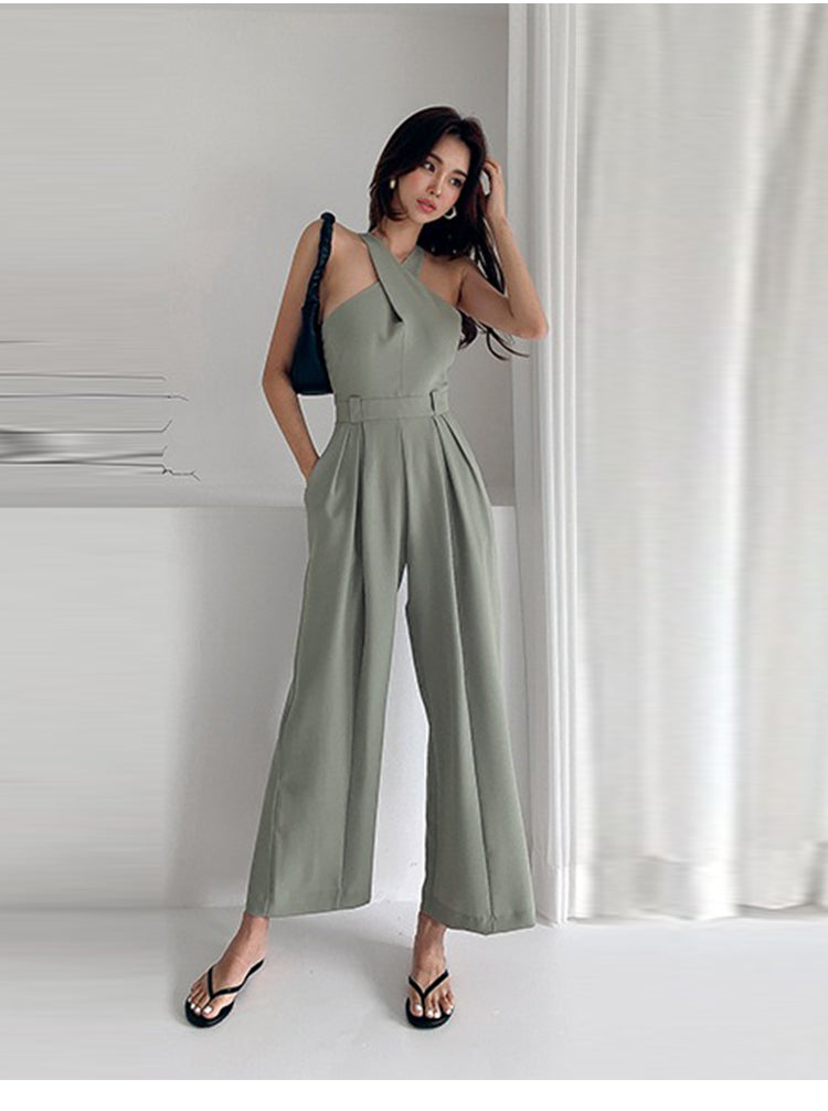 Spring Female Fashion Casual Streetwear Summer Women Jumpsuit Solid Sleeveless Loose V-neck Full Length Elegant Halter Jumpsuits