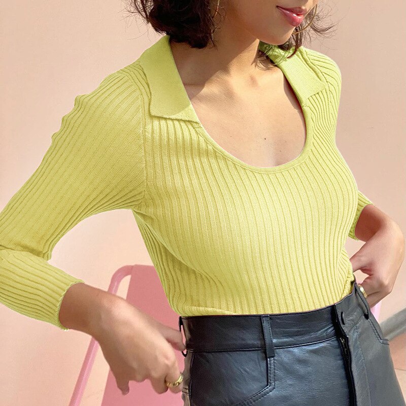Lapel Long-sleeved Knitted Top Casual  Fall/winter New Fashion Women's Solid Color Lapel Slim Short Bottoming Shirt Women