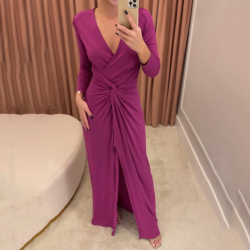 Lizakosht Women Maxi Dress Fashion Solid V Neck Slit Long Sleeve Pleated Nipped Waist Slim Evening Party Long Sexy Dresses