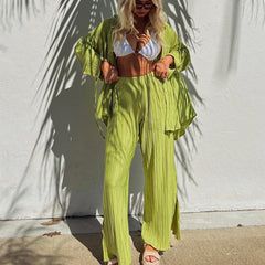 Lizakosht for Women Two-piece Pleated Pants Suits Casual Chic Solid Color Long Sleeve  Straight Leg Trousers Set Female Sleepwear