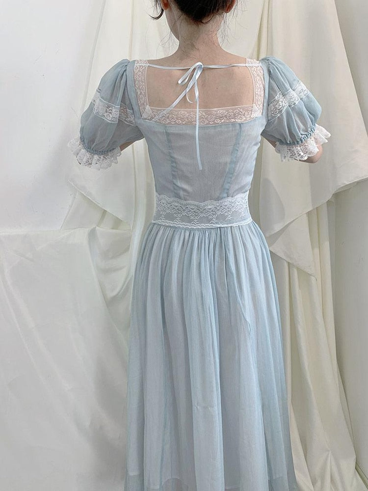Fairy Party Dress Women Summer Vintage Blue Lace Meash Princess Dress Kawaii Lolita Elegant Casual One Piece Vestido