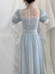 Fairy Party Dress Women Summer Vintage Blue Lace Meash Princess Dress Kawaii Lolita Elegant Casual One Piece Vestido