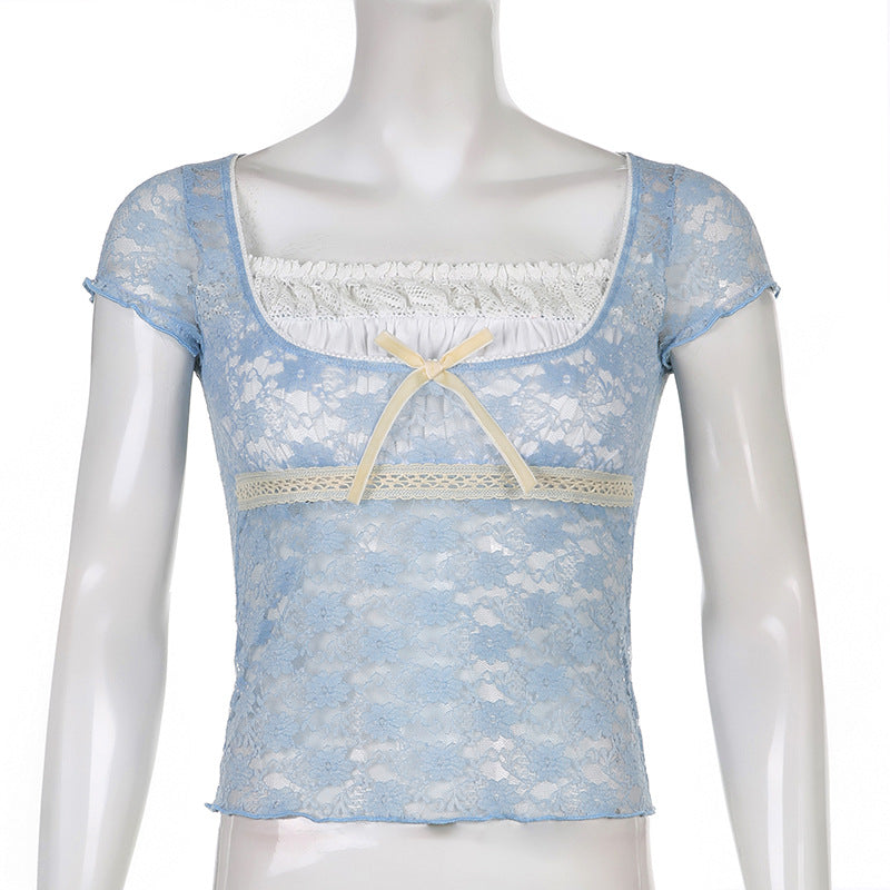 Lizakosht Women's T-Shirt Sweet Girly Pink Lace Splicing Pullover Short Top French Square Neck Tie Slim Fit