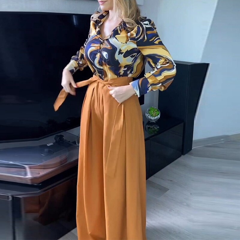 Lizakosht Spring Summer Commute Long Sleeve Blouse Outfits Fashion Print Tops Shirt And Belted Wide Leg Pants Suit Women Casual Loose Sets