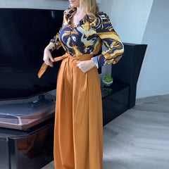 Lizakosht Spring Summer Commute Long Sleeve Blouse Outfits Fashion Print Tops Shirt And Belted Wide Leg Pants Suit Women Casual Loose Sets