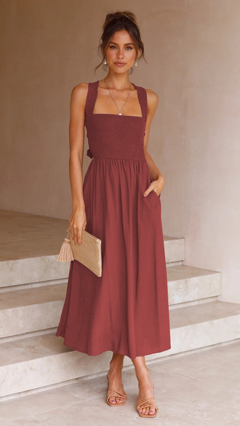 Casual Summer Dress Women Solid Color Fashion Backless Halter Cotton Long Elegant Linen Orange Maxi Dresses Female 2022 Vestido