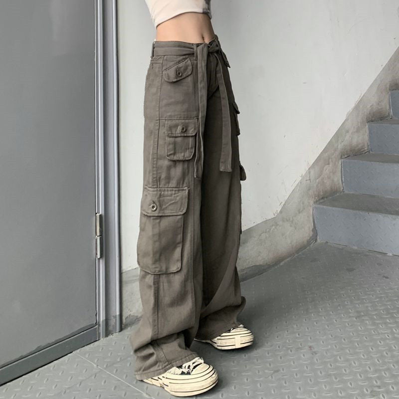 Lizakosht New Cargo Pants Y2K Women Vintage Elastic High Waist Big Pockets Trousers Streetwear Hip Hop Drawstring Retro Baggy Jeans ins