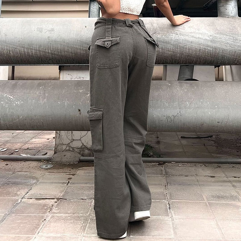 Lizakosht Harajuku Pockets Cargo Jeans Sashes Korean Fashion Loose Straight Denim Trousers Y2K High Waist Pants Vintage Streetwear