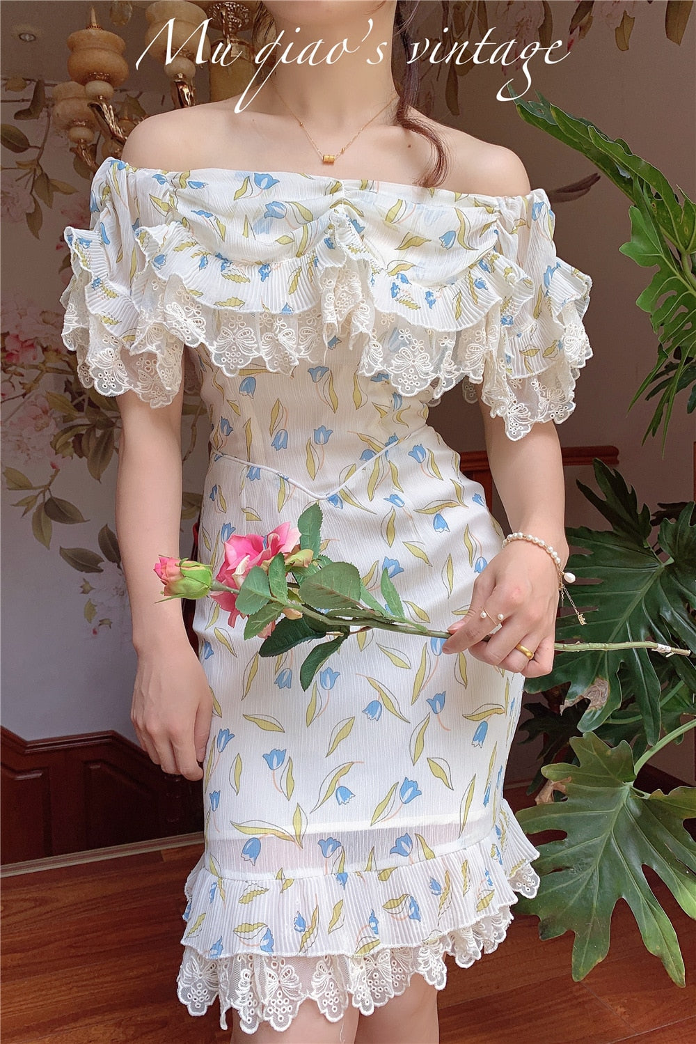 Lizakosht Dress For Women Vintage Elegant Slim Sexy Lace Slash Neck Floral Print Mini Dress Korean Fashion Summer Chiffon Bodycon Dress