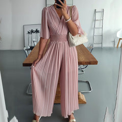 Lizakosht Women V Neck Short Sleeve Office Romper Elegant Casual Solid Color Long Jumpsuits Fashion Simple Elastic Waisted Pleated Rompers